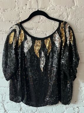 JLB Black Sequin Women's Scoop Neck Top with Gold and Silver Accents